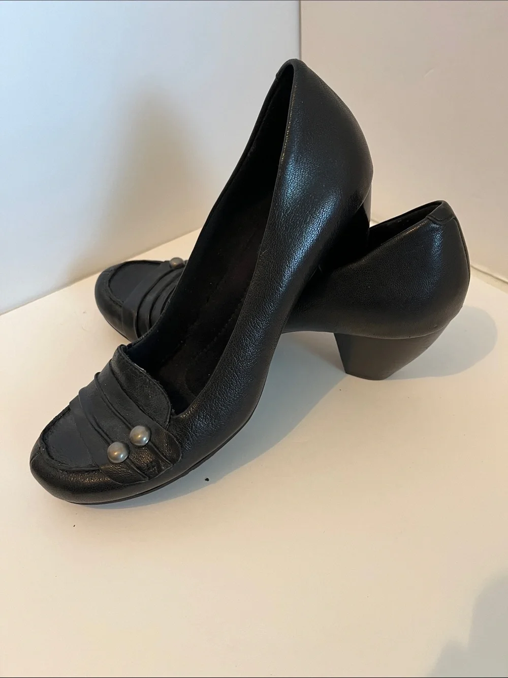 BareTraps Black Leather Mid-Heel Pumps with Stud Detail